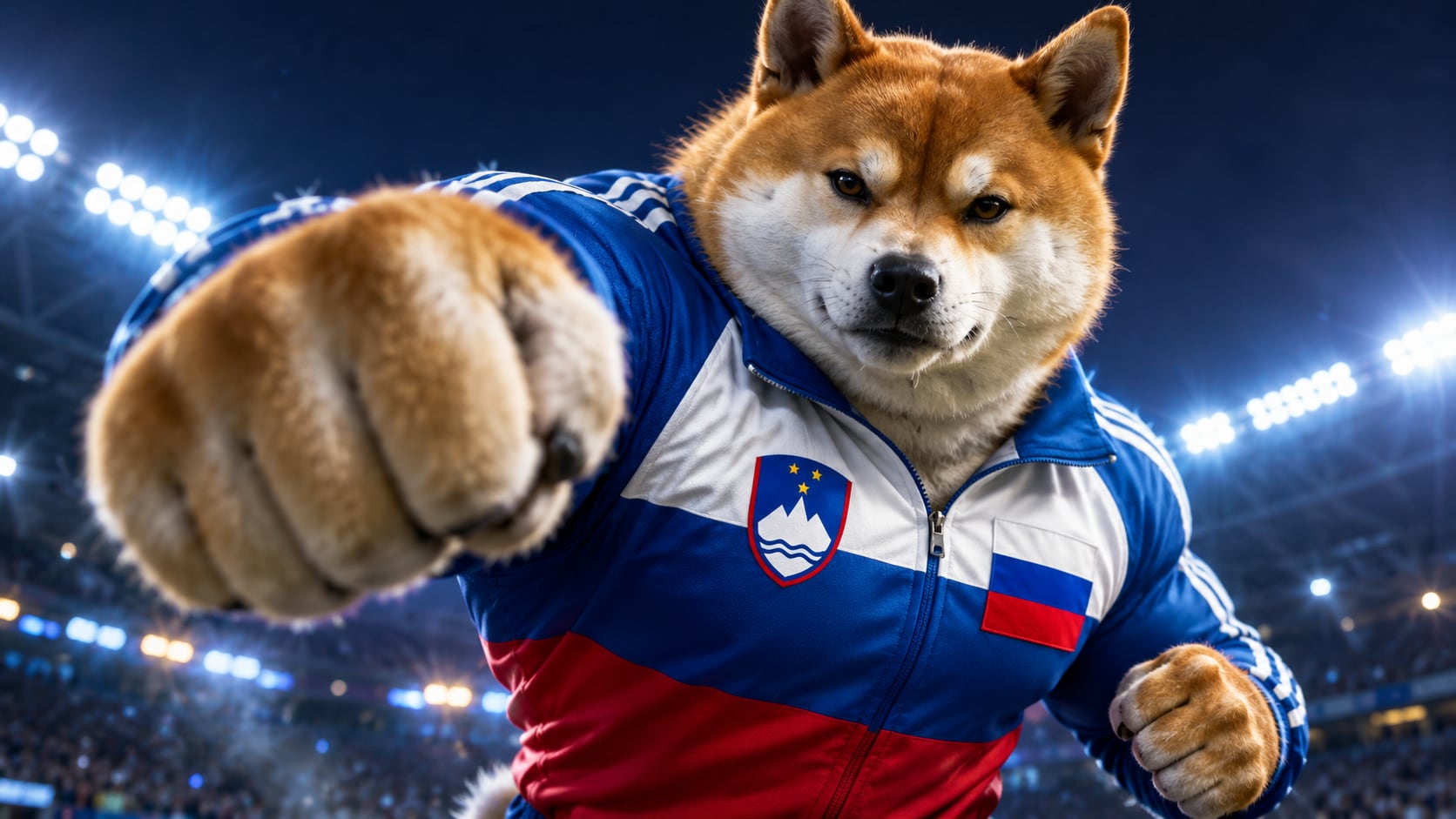 Muscular Shiba Inu in a Slovenian track jacket punching toward the camera